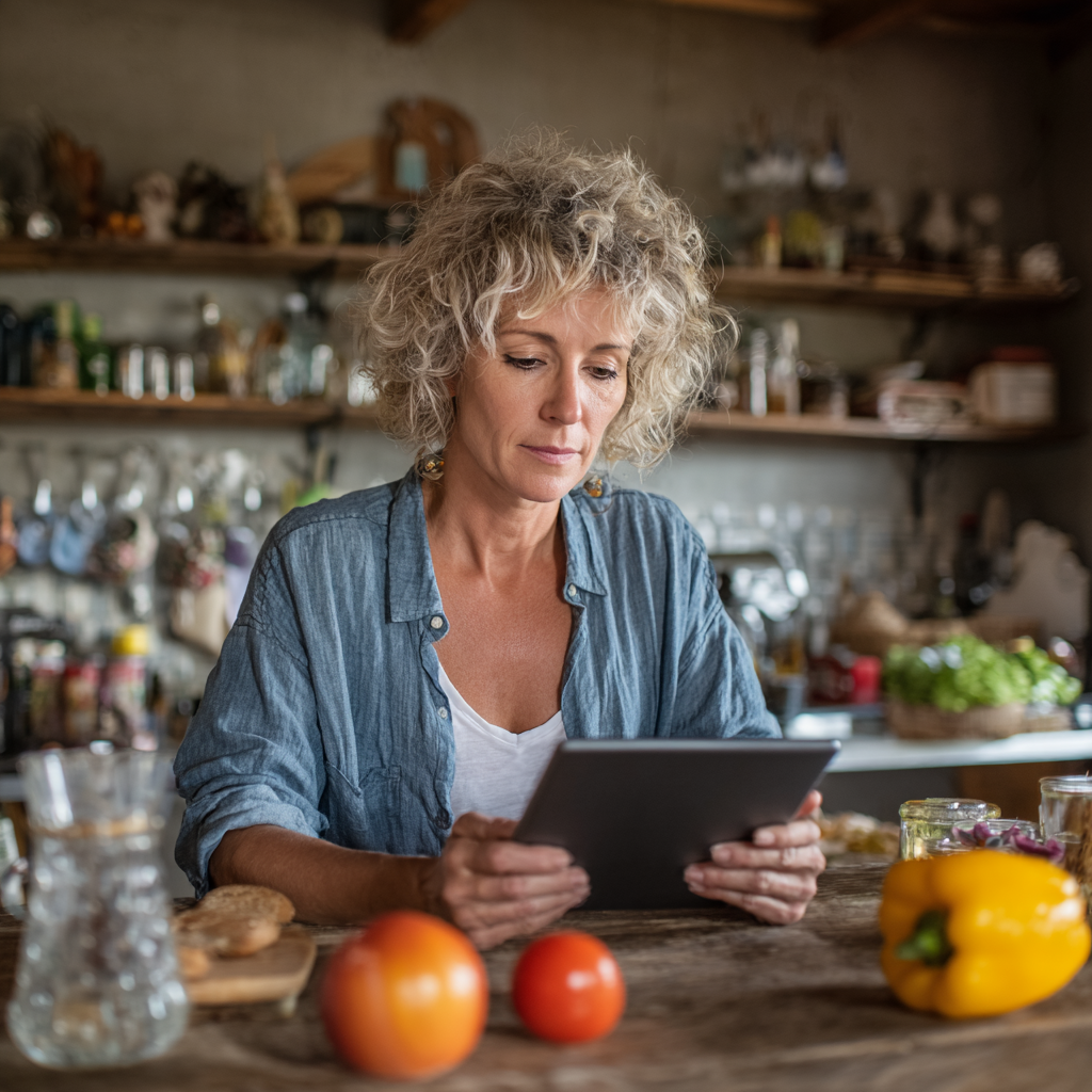 Жінка 52 років читає поради з харчування на планшеті за кухонним столом