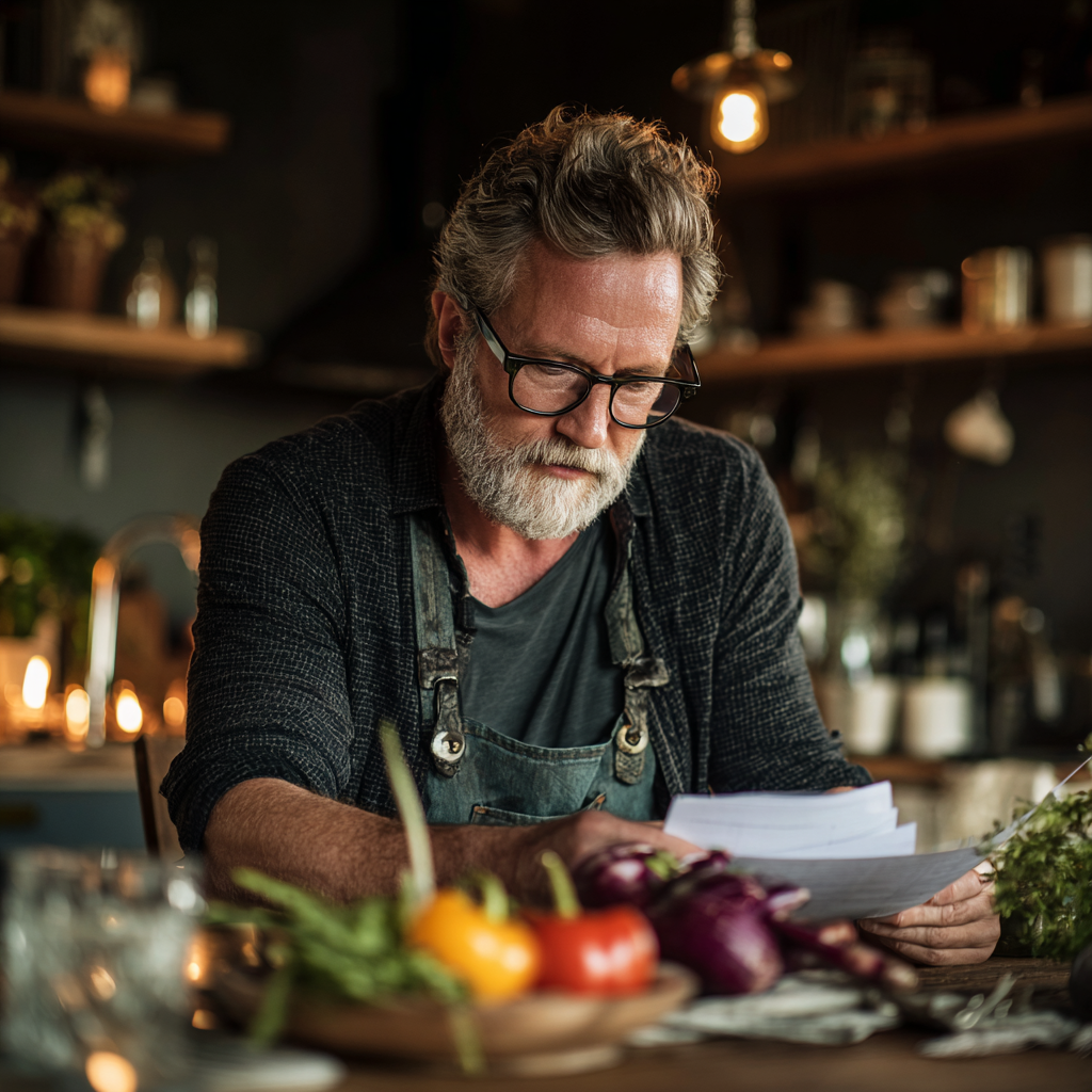 Чоловік 58 років уважно вивчає персональний план харчування за столом