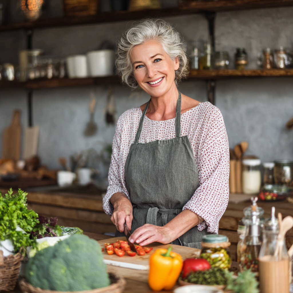 Активна жінка 55 років готує здорову їжу на кухні з посмішкою